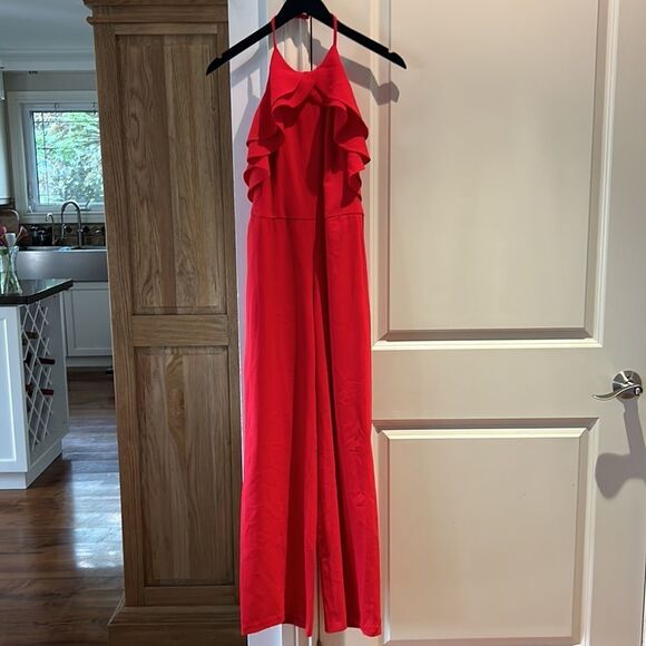 Intermix red ruffle neck halter jumpsuit large - Picture 4 of 12